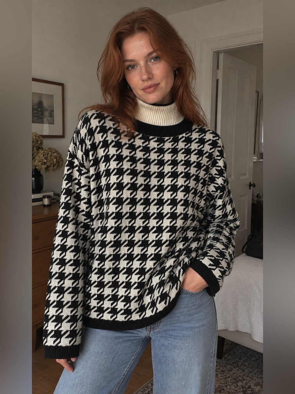 Vintage Della McKain Houndstooth Turtleneck Sweater Size M Made in USA
